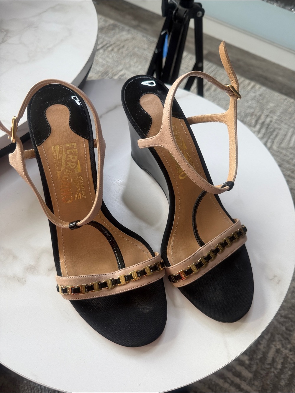 Salvatore Ferragamo Black and Nude Leather Wedge Sandals with Chain Accent